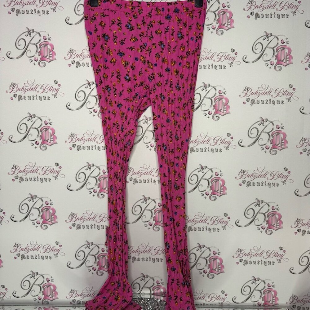 Urban outfitters flower pants bottom has slits and ribbon and tie ups pink